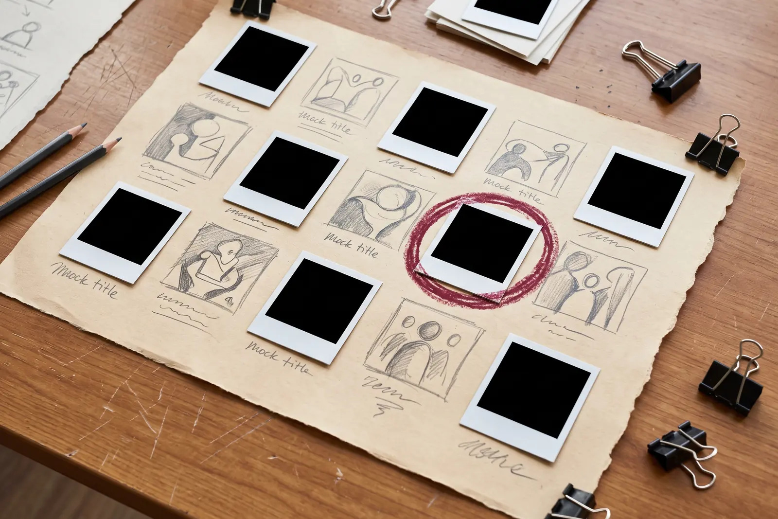 Thumbnail concept frames and pencil compositions on a production desk