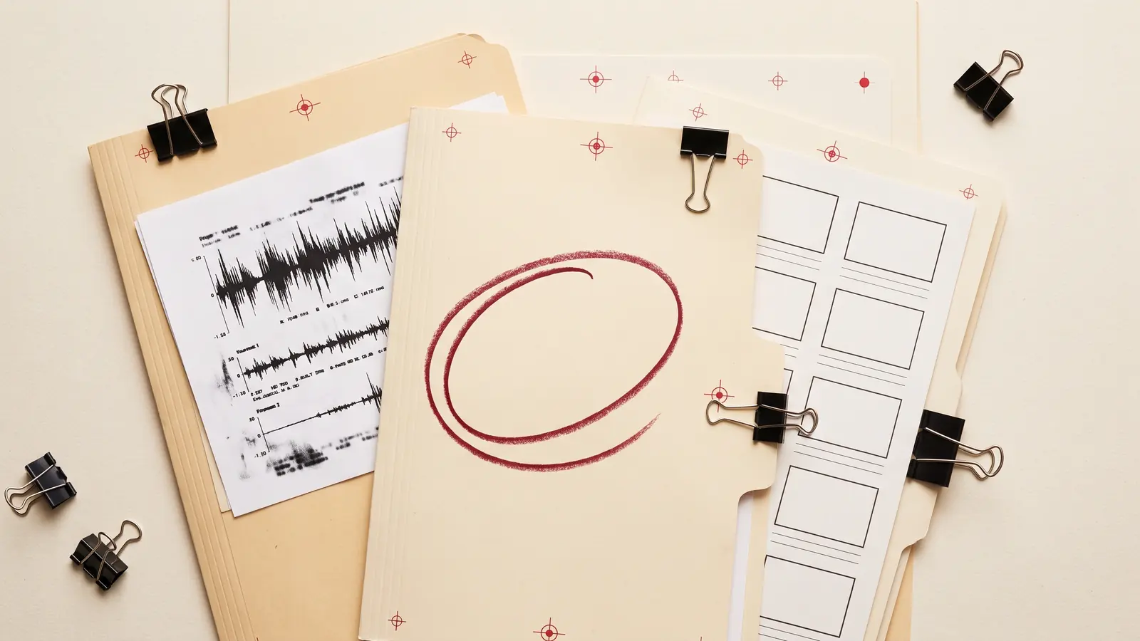 Layered operating-scope folders, waveform printout, and a red circle on the middle layer