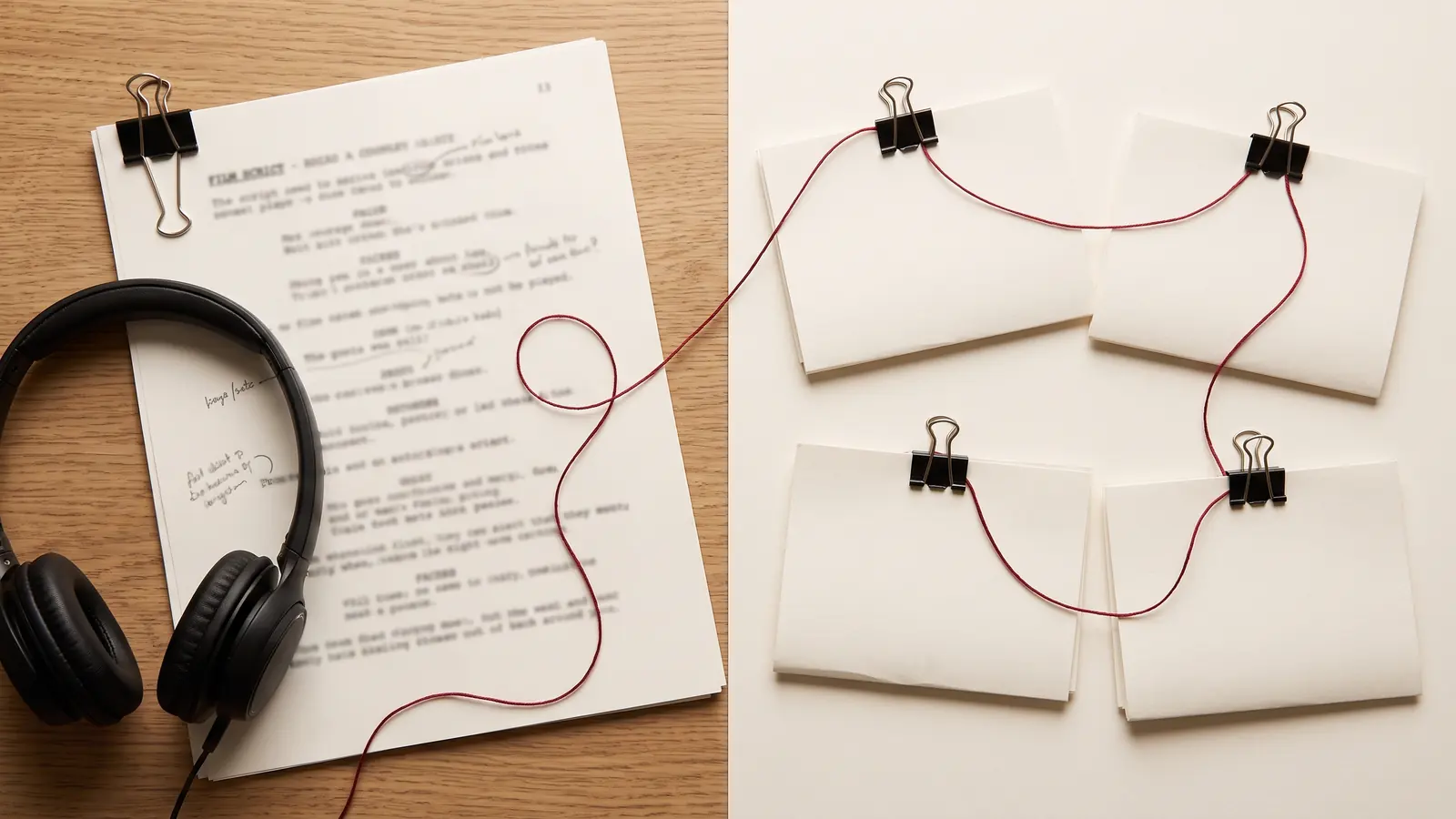 Split still life comparing a solo desk setup with a connected team of clipped briefs