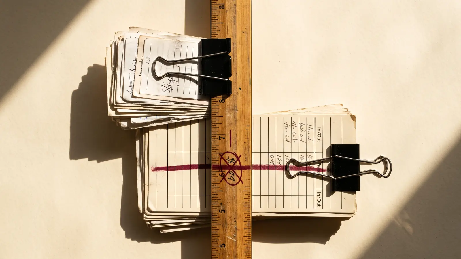 Production budget still life with clipped cards, ruler, and a red underline
