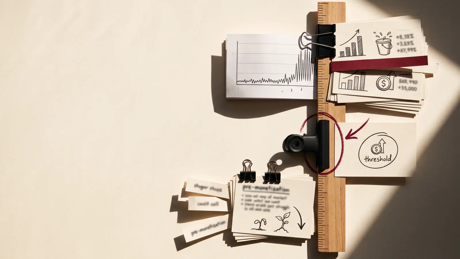 Analog strategy board with cards, ruler, clips, and a red mark around the monetization threshold
