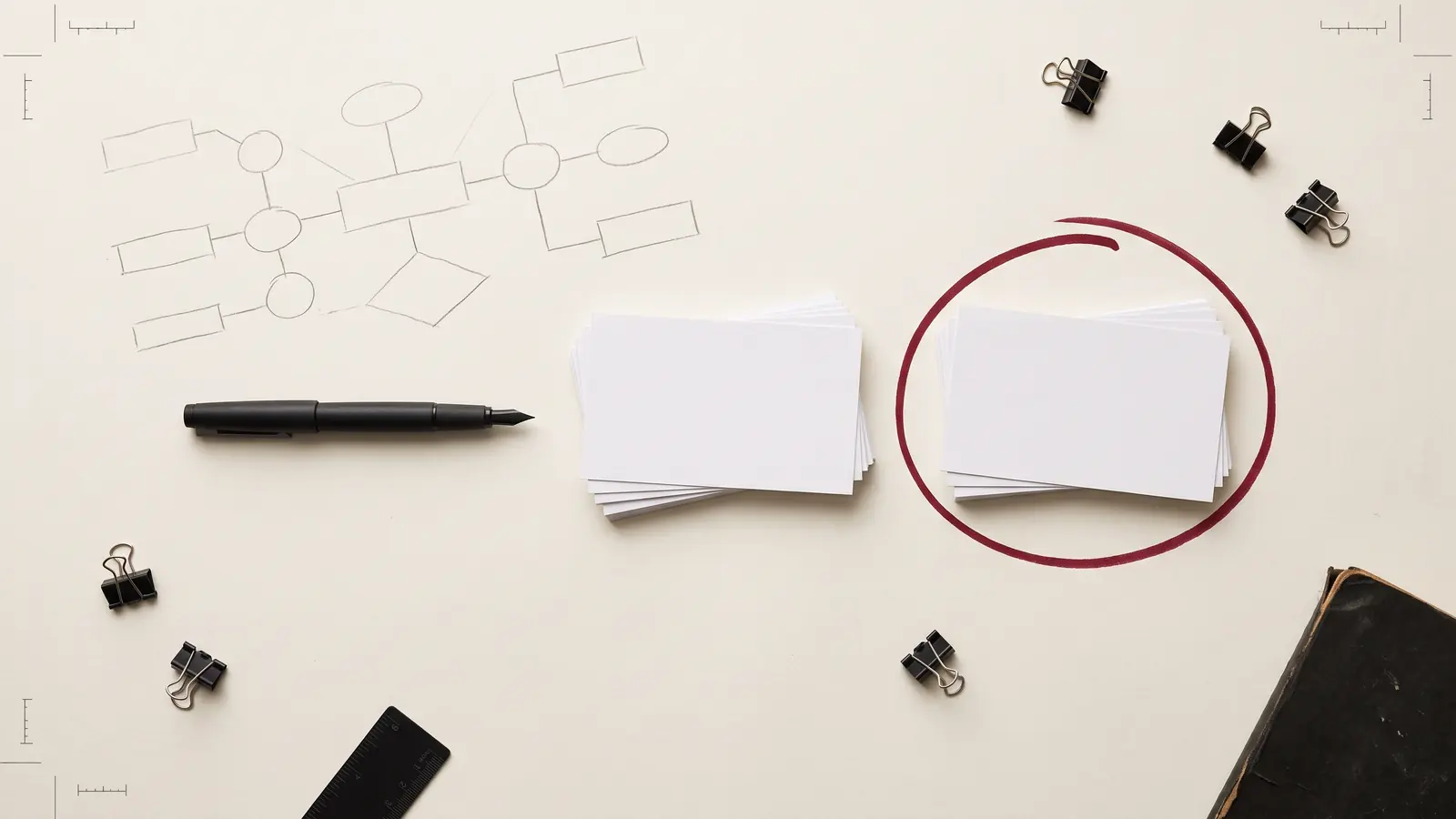 Index card piles for niche validation with one option circled in red