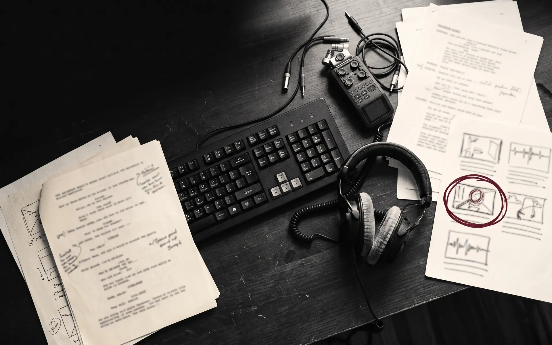 Production desk with scripts, storyboard, headphones, and recorder