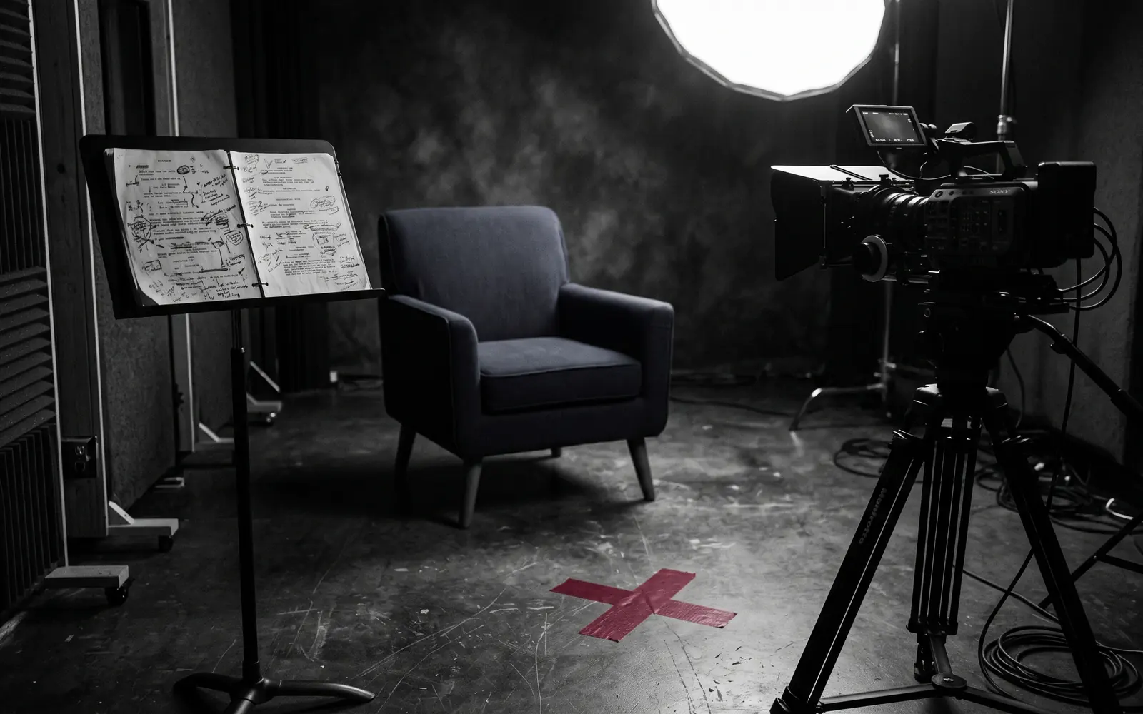 Talking-head studio setup with empty chair, camera, light, and marked script