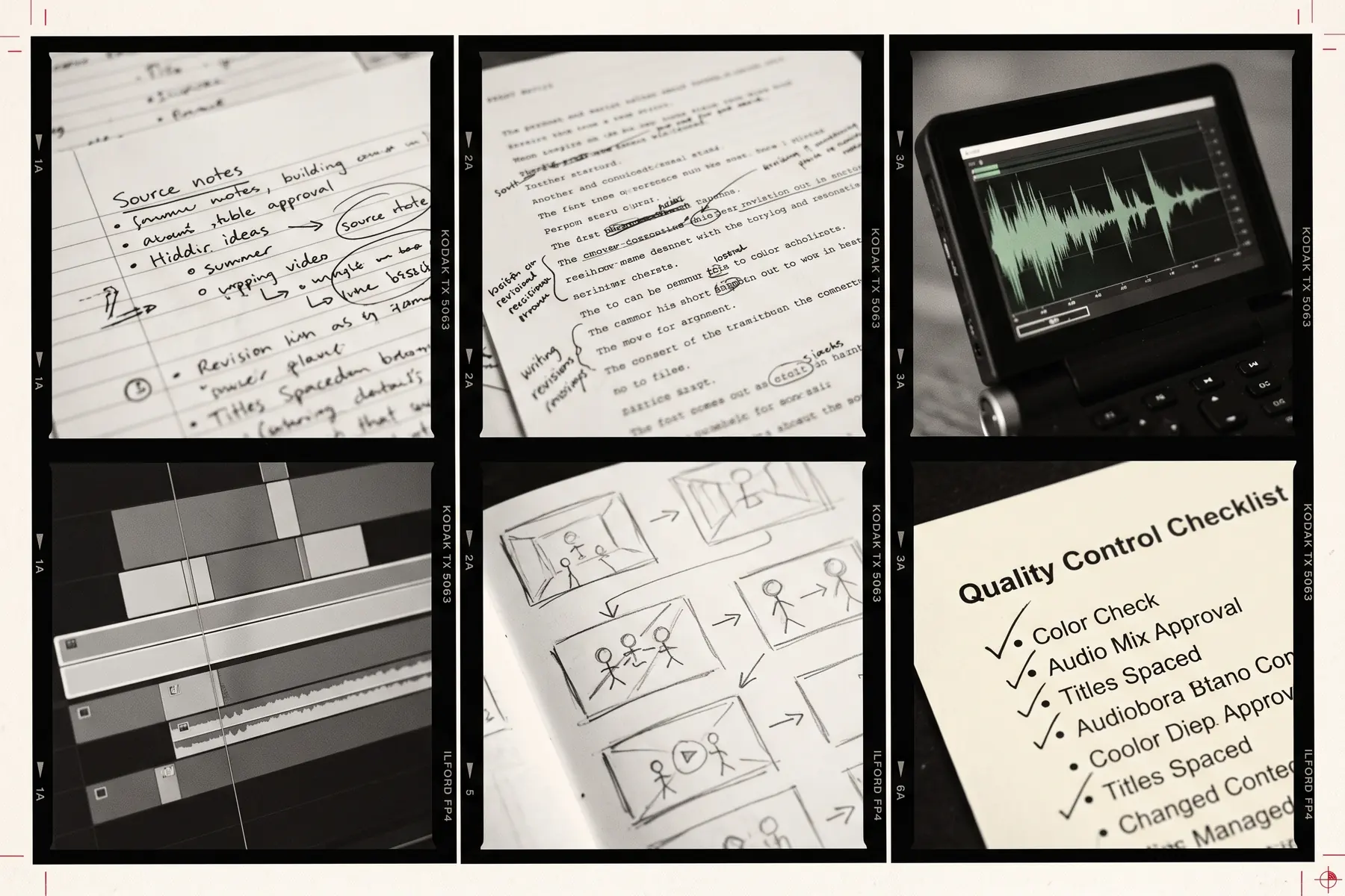 Six-frame contact sheet of research, scripting, audio, editing, storyboards, and quality control